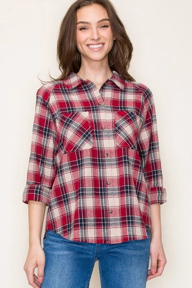 Scarlet Button Down Plaid Shirt with Double Chest Pockets Fall-Winter Staccato