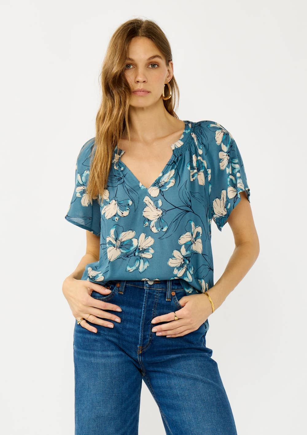 Floral Blouse - Teal Smocked Split-Neck Short Sleeve | 100% Rayon