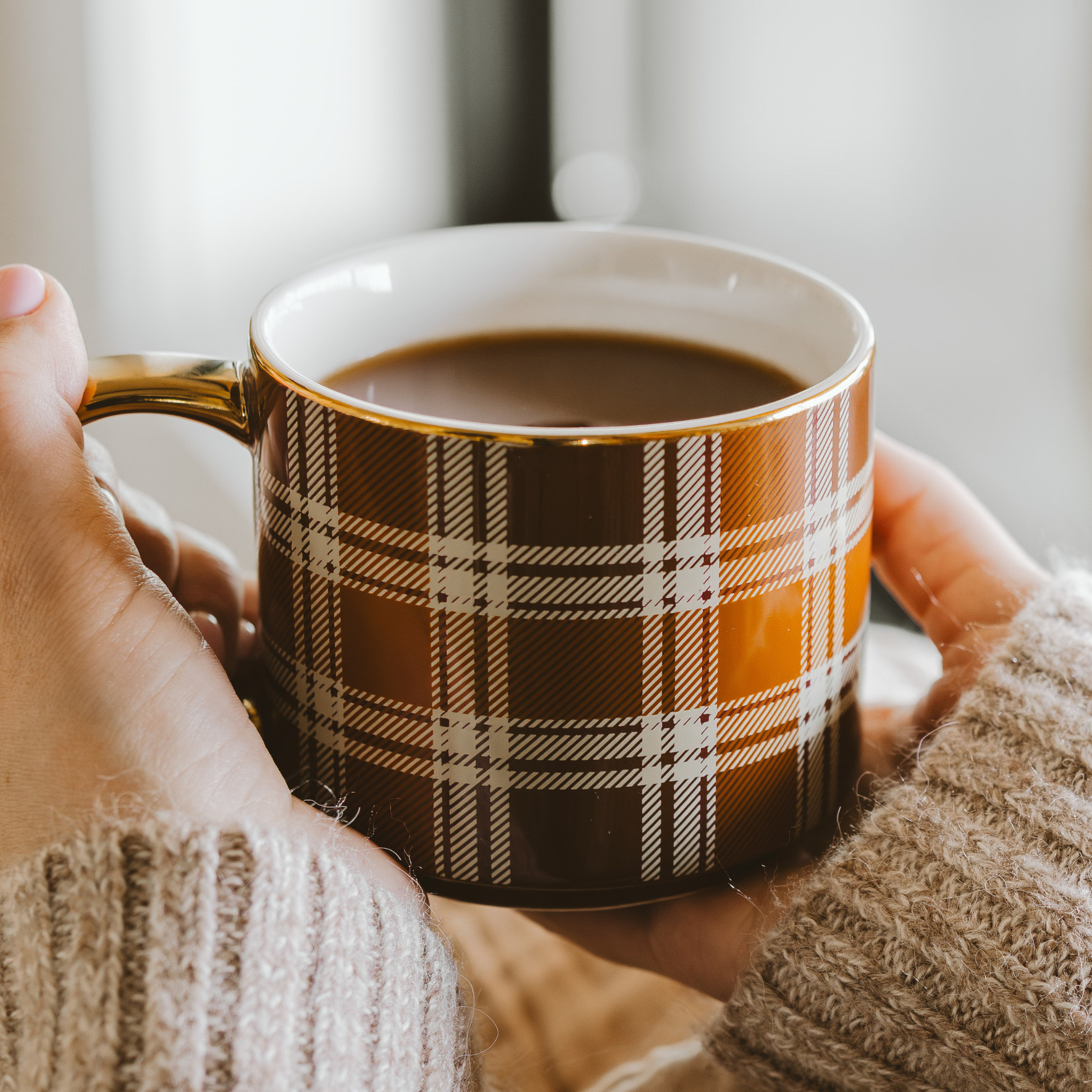 Coffee Mug - Brown Plaid Gold Handle | Fall Decor & Thanksgiving Gifts