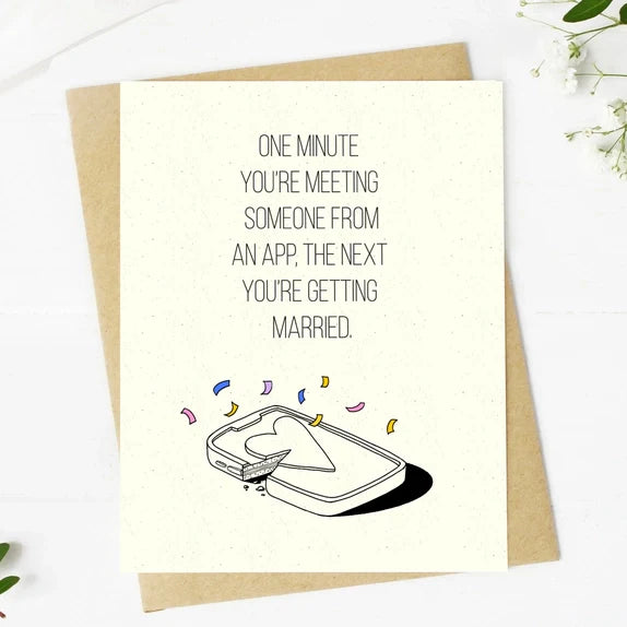 Big Mood Card with hand-drawn phone illustration and humorous marriage quote, A2 size with kraft envelope.