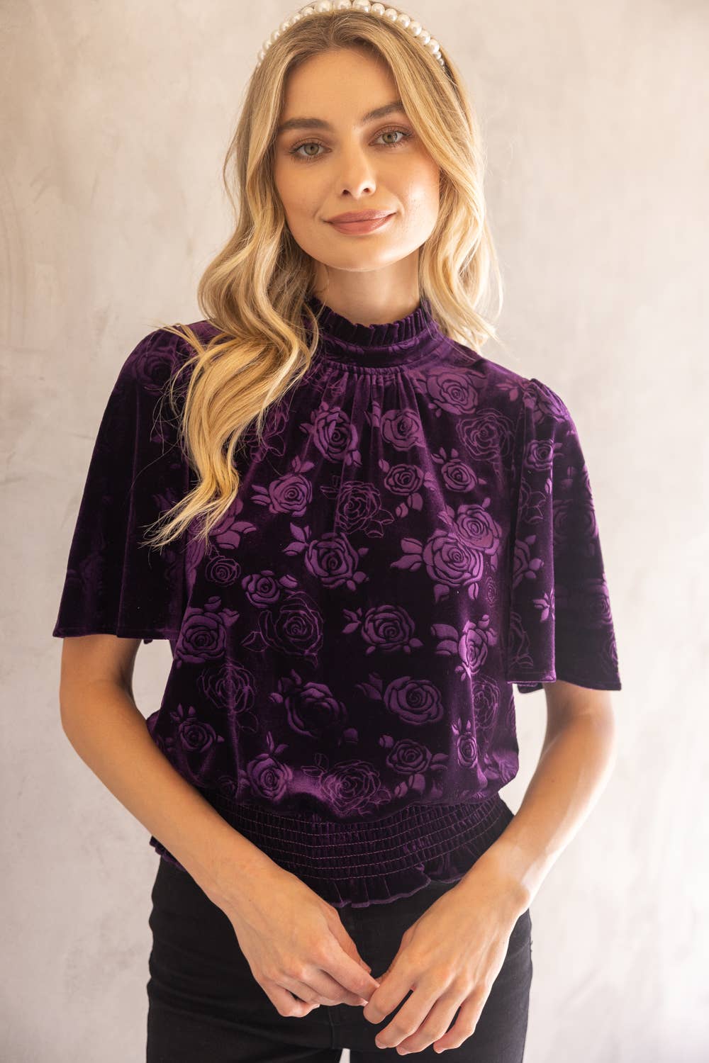 34627 Floral Pleated and Smocked Velvet Top: Purple Fall-Winter VOY