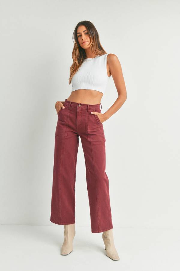 Burgundy Seamed Utility Straight Leg Jeans