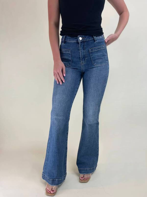 High Rise Patched Pocket Flare Jeans