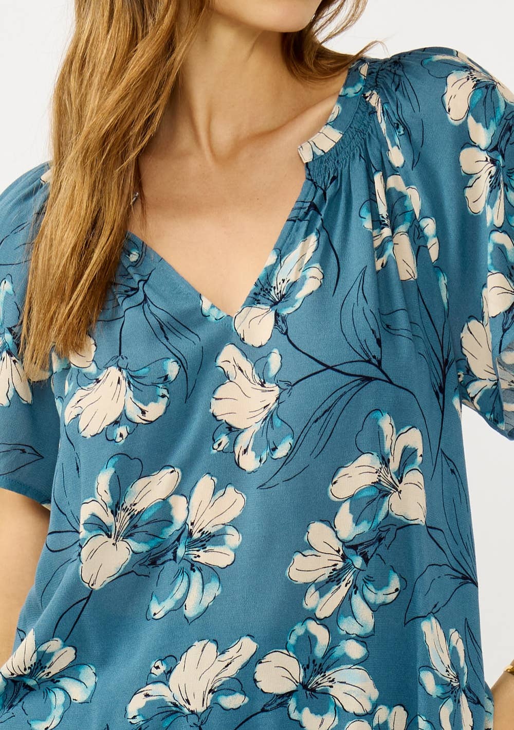 Floral Blouse - Teal Smocked Split-Neck Short Sleeve | 100% Rayon