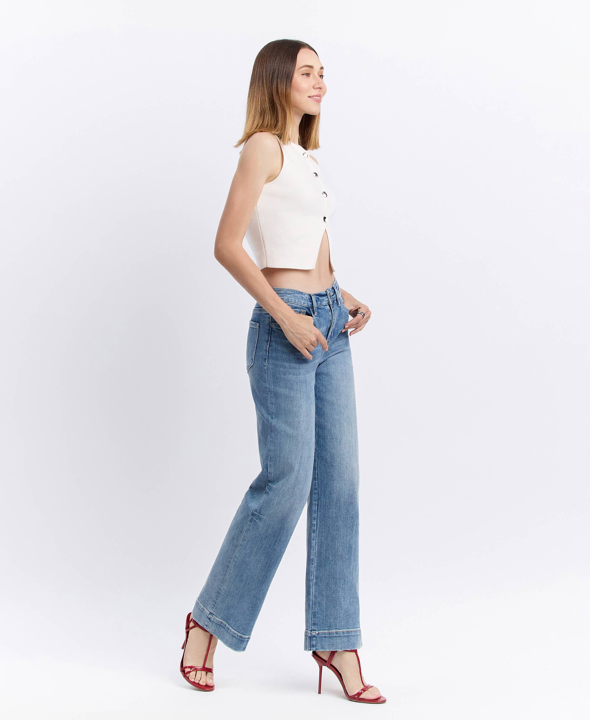 Wide Leg Jeans – High Rise Trouser Hem Full Length Denim
