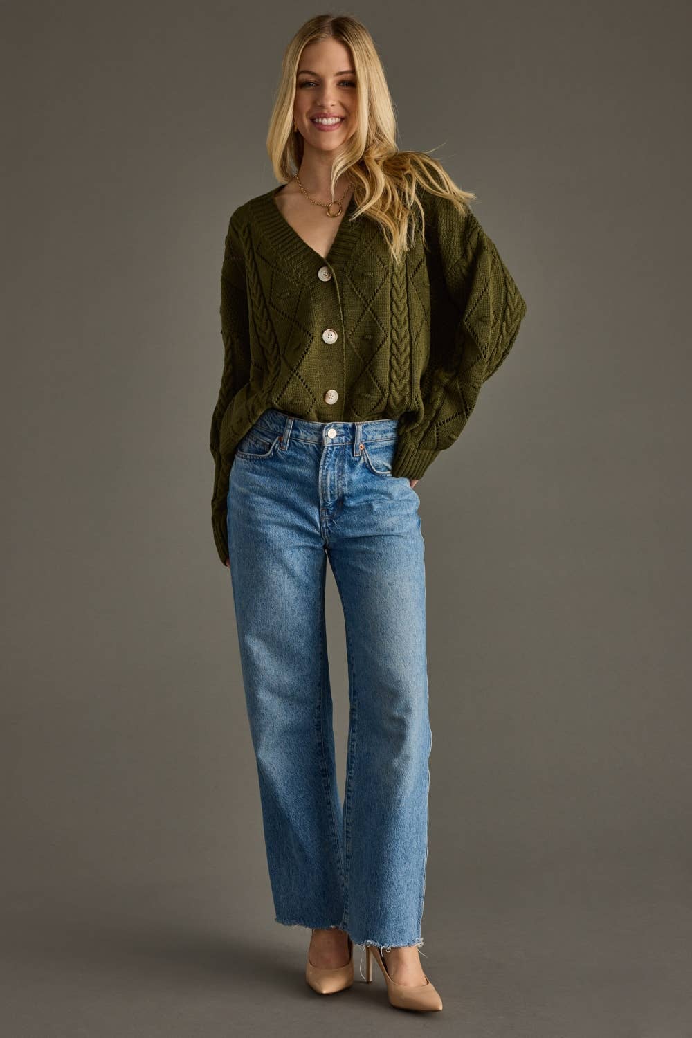 Button Up Cardigan - Olive Knit Cardigan with Front Button Closure