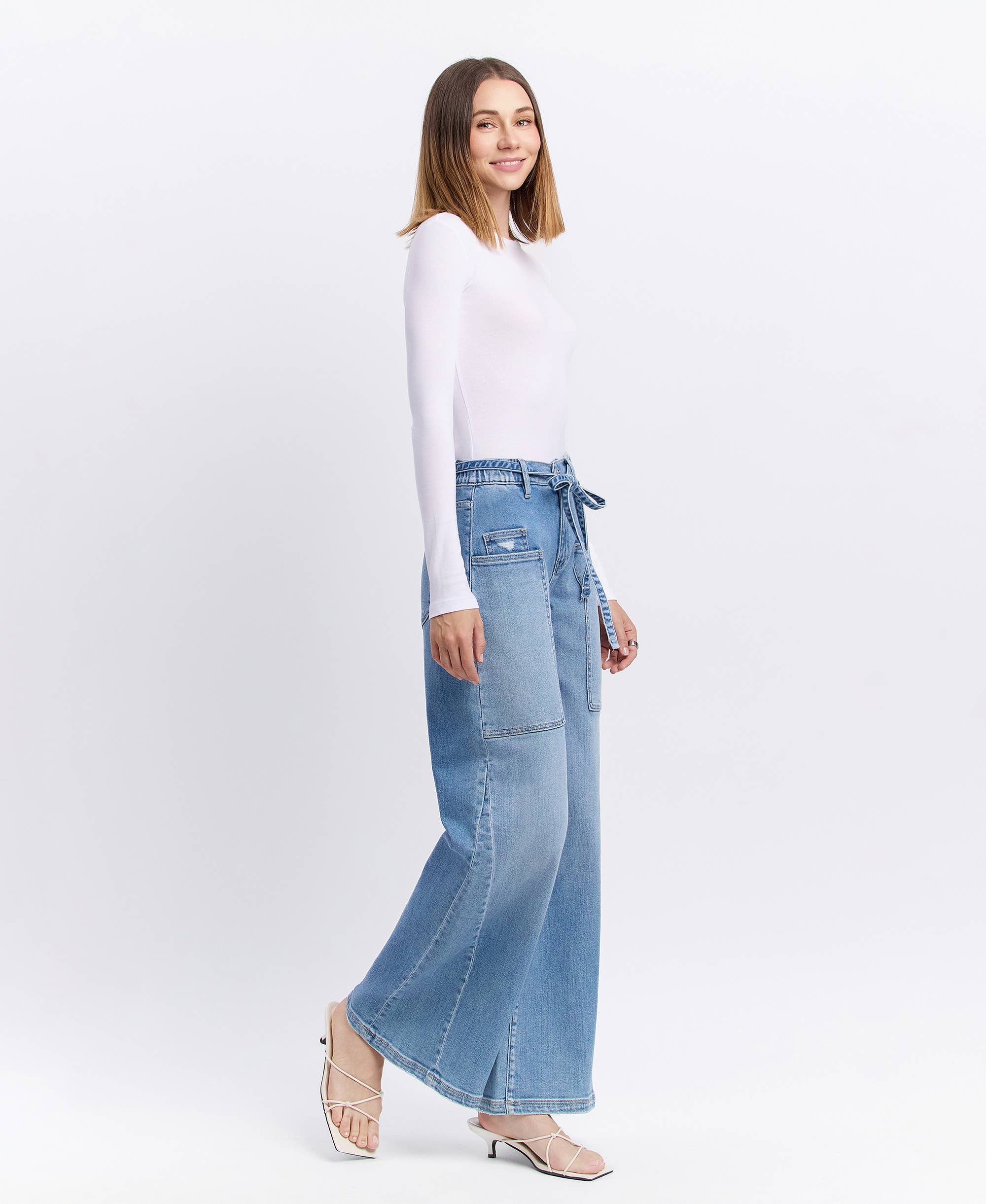 HIGH RISE ELASTIC TIE WAISTBAND BAGGY WIDE JEANS