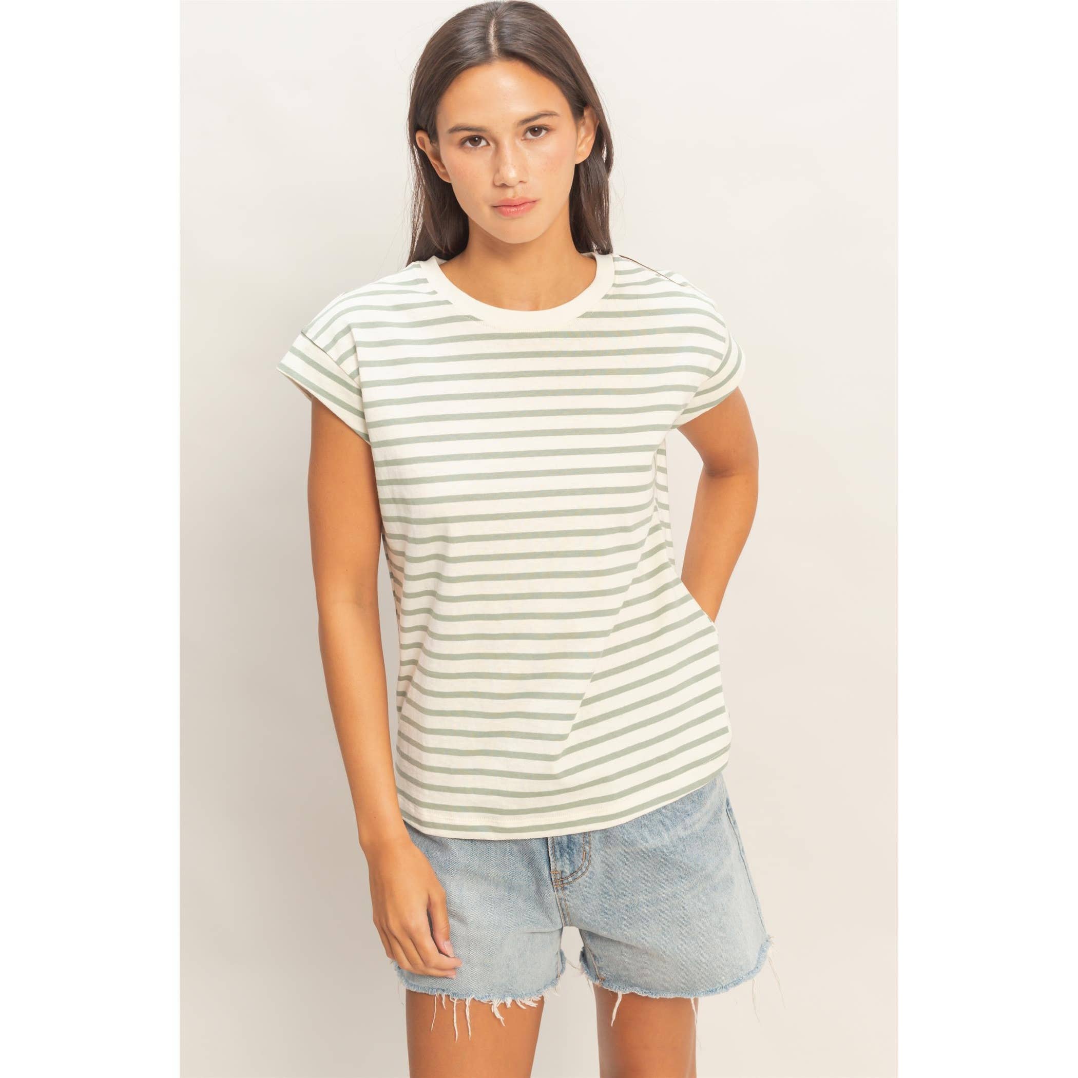 Double Zero - Striped Cap Sleeve Relaxed Everyday Tee