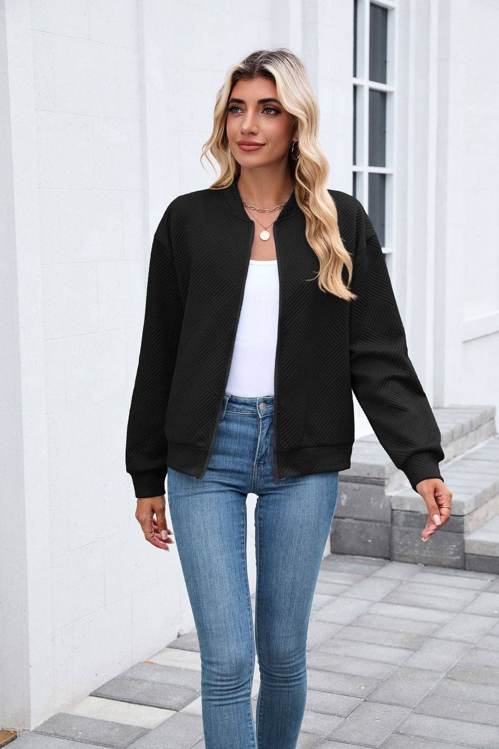 Quilted Zip-Up Bomber Jacket