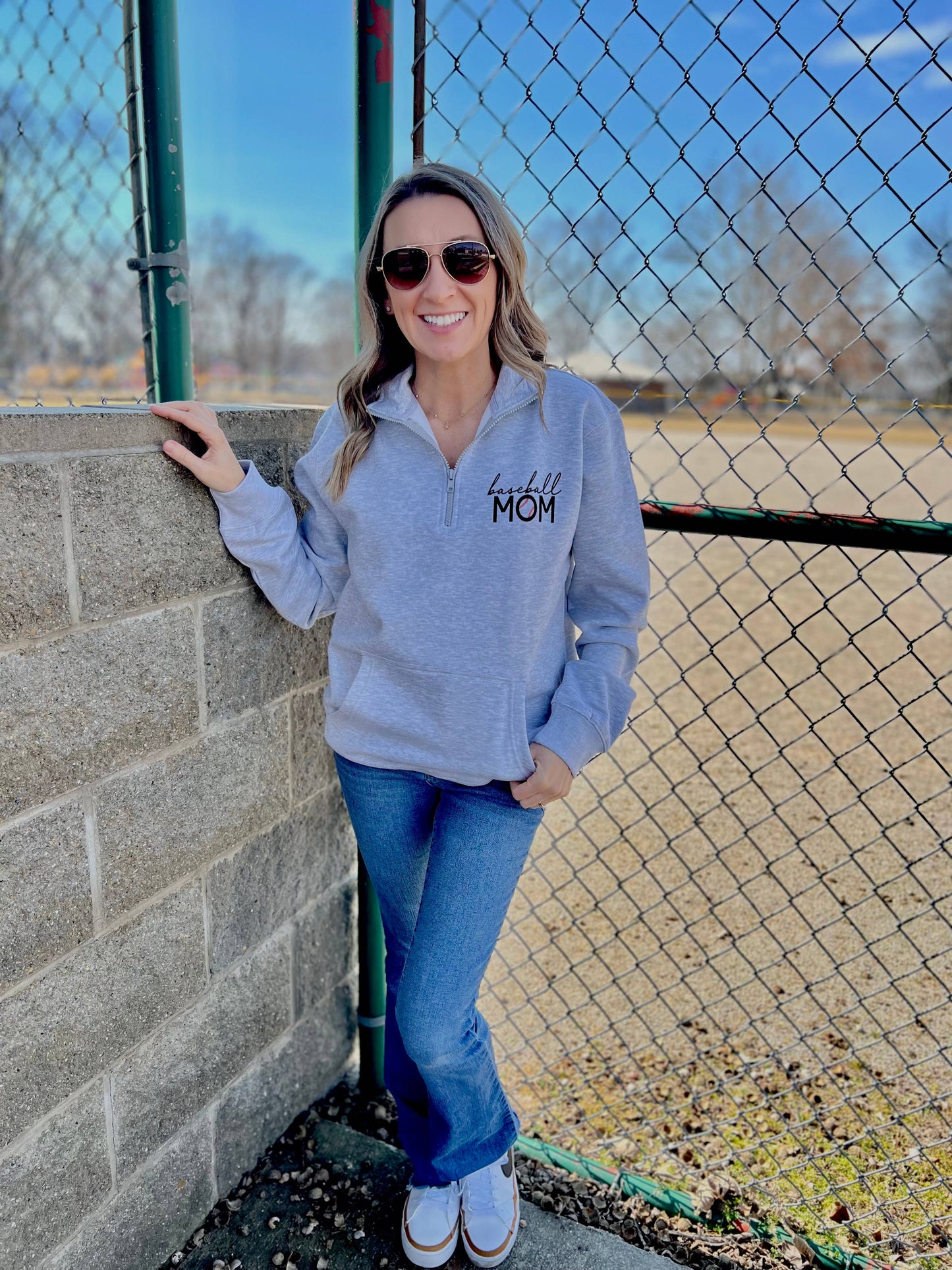 BASEBALL MOM - 1/4 Zip Sweatshirt w/front pouch pocket: Light Heather Grey Spring-Summer Lemon Lorraine's LLC