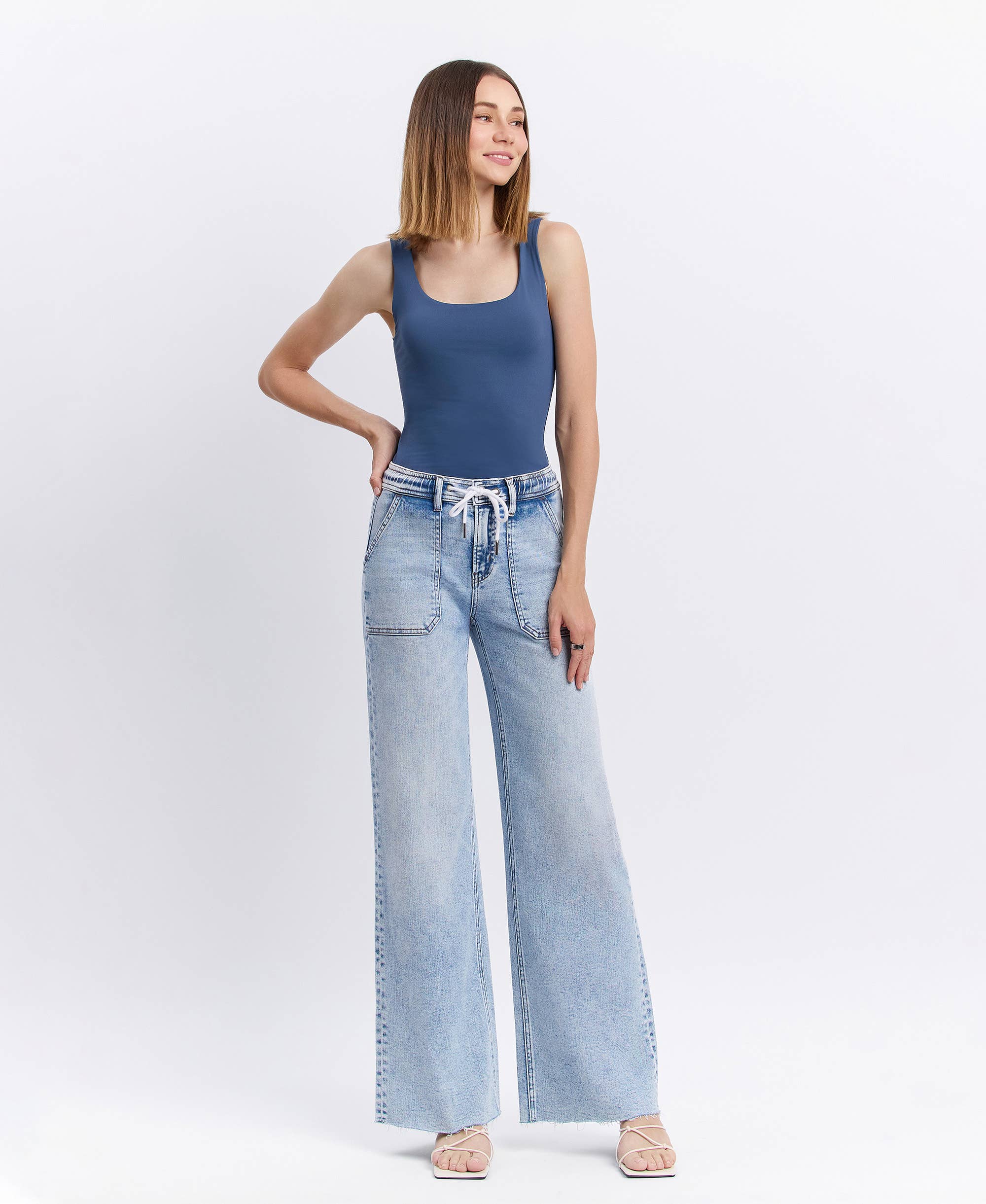 FLYING MONKEY - HIGH RISE DRAWSTRING WAISTBAND WIDE LEG JEANS F6065 FLYING MONKEY
