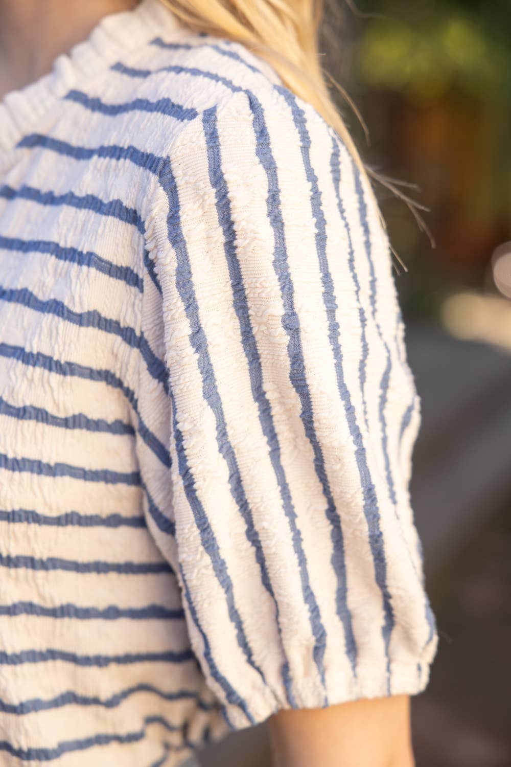 Ruffled Neck Button Front Striped Knit Top: Blue Spring-Summer VOY