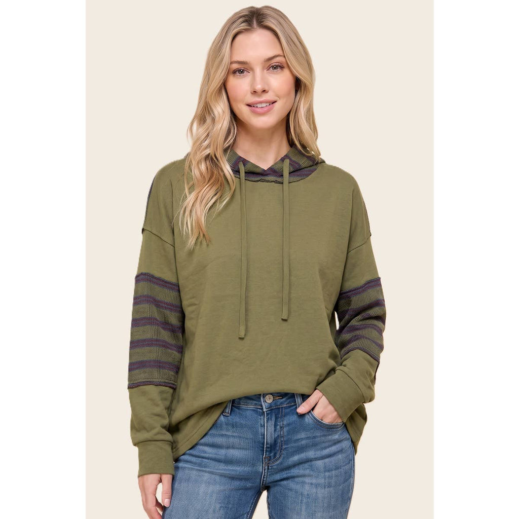 STRIPE MIXED DRAWSTRING HOODIE