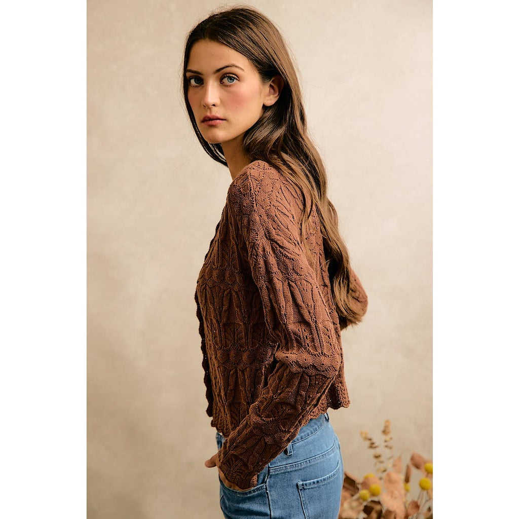 Textured Scallop Edge Button Cardigan Sweater