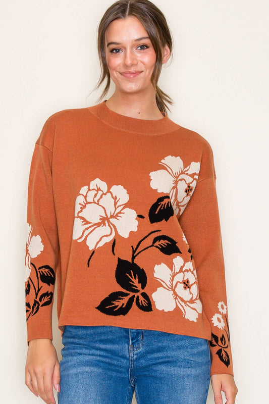 Copper & Ivory Flower Jacquard Mock Neck Pullover Sweater Fall-Winter STACCATO