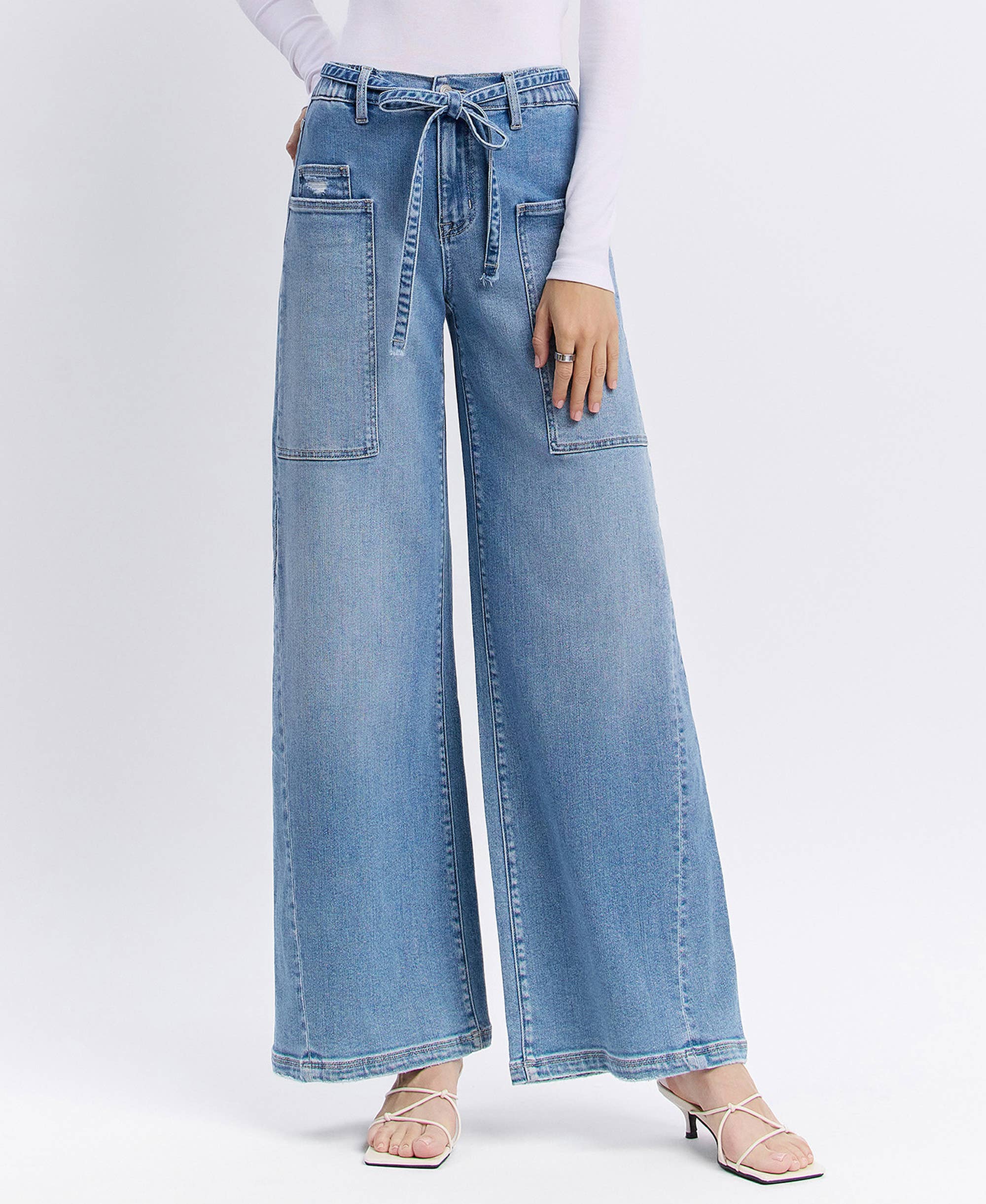 HIGH RISE ELASTIC TIE WAISTBAND BAGGY WIDE JEANS