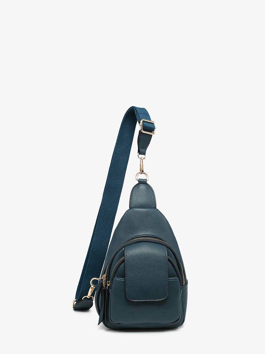 Sophia Sling Bag with flapover pocket, zipper and snap pockets, adjustable strap, 8.5x10x3 inches, fall style