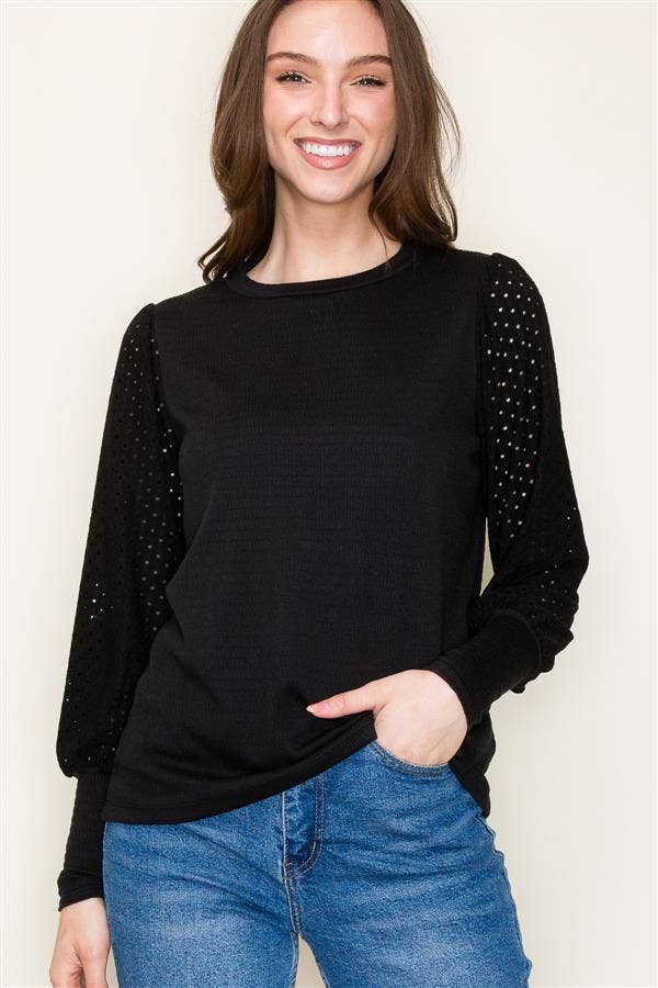 Black Crew Neck Seersucker Top with Puff Eyelet Laced Long Sleeves Fall-Winter STACCATO