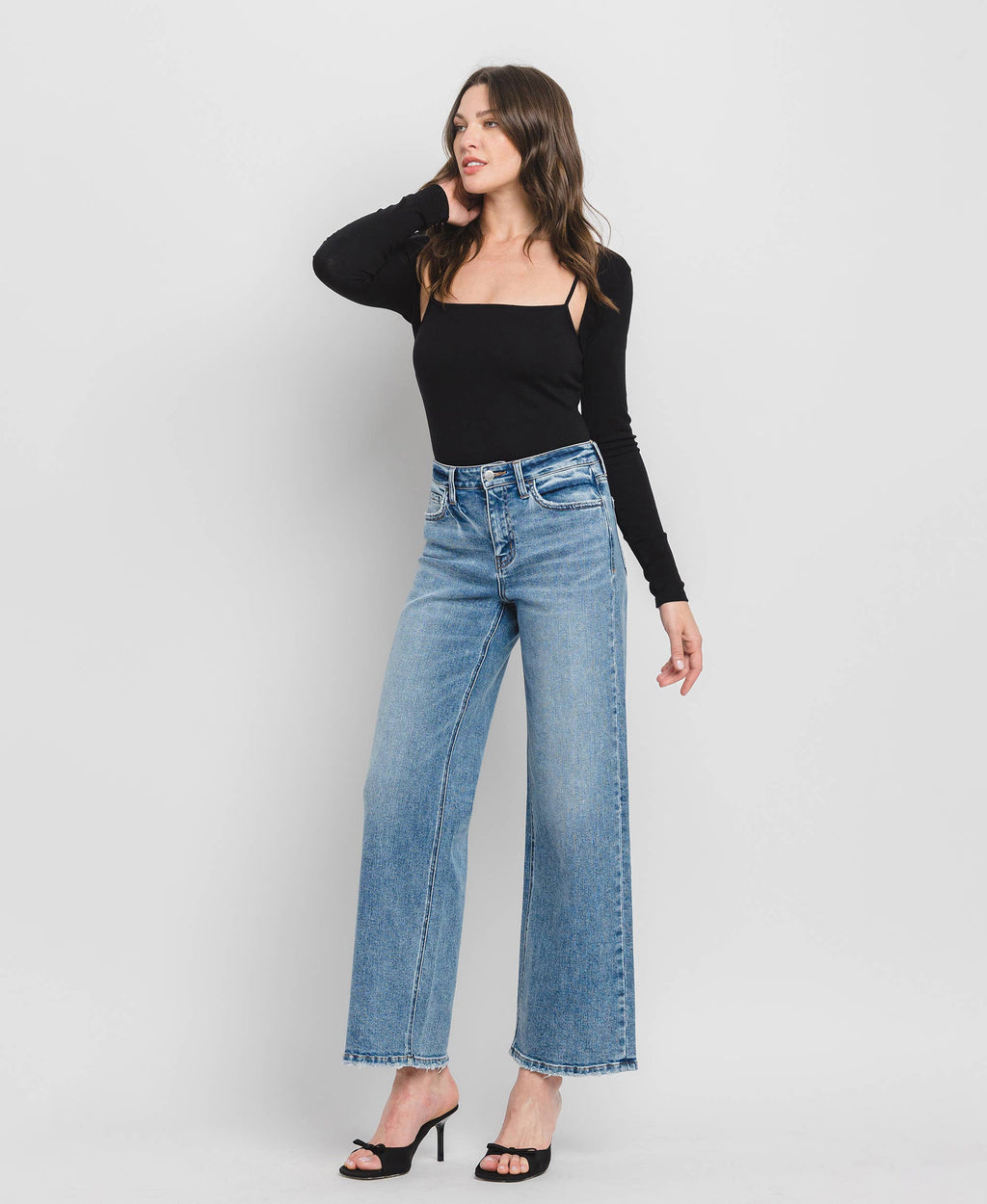 High Rise Wide Leg Jeans - Full Length Comfort Stretch Denim
