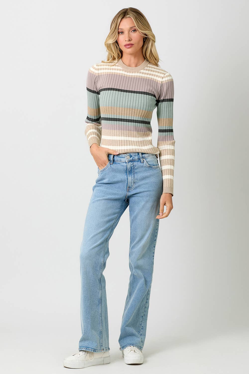 Ivory & Latte Color Block Striped Sweater Top Fall-Winter Mystree