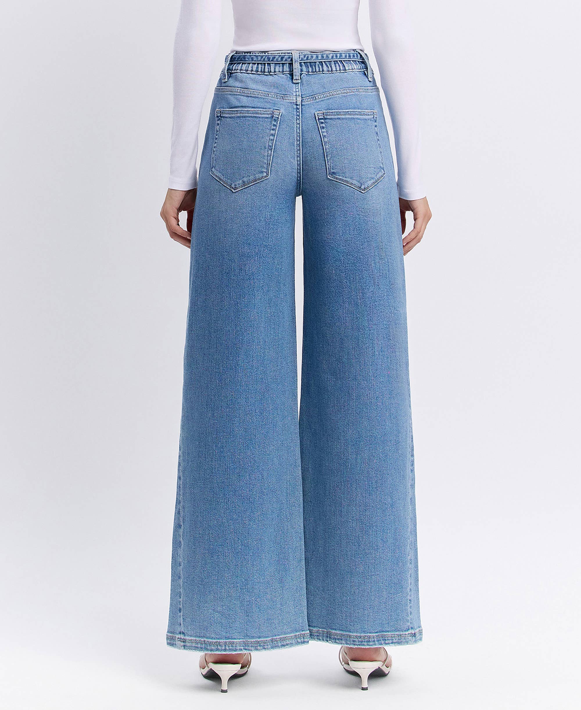HIGH RISE ELASTIC TIE WAISTBAND BAGGY WIDE JEANS