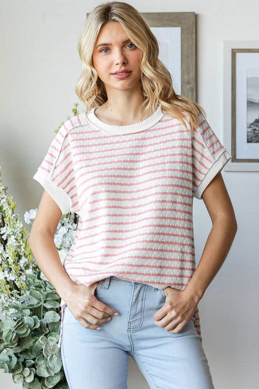 Pink Stripe Textured Side Slit Hi Low Short Sleeve Top 7th Ray