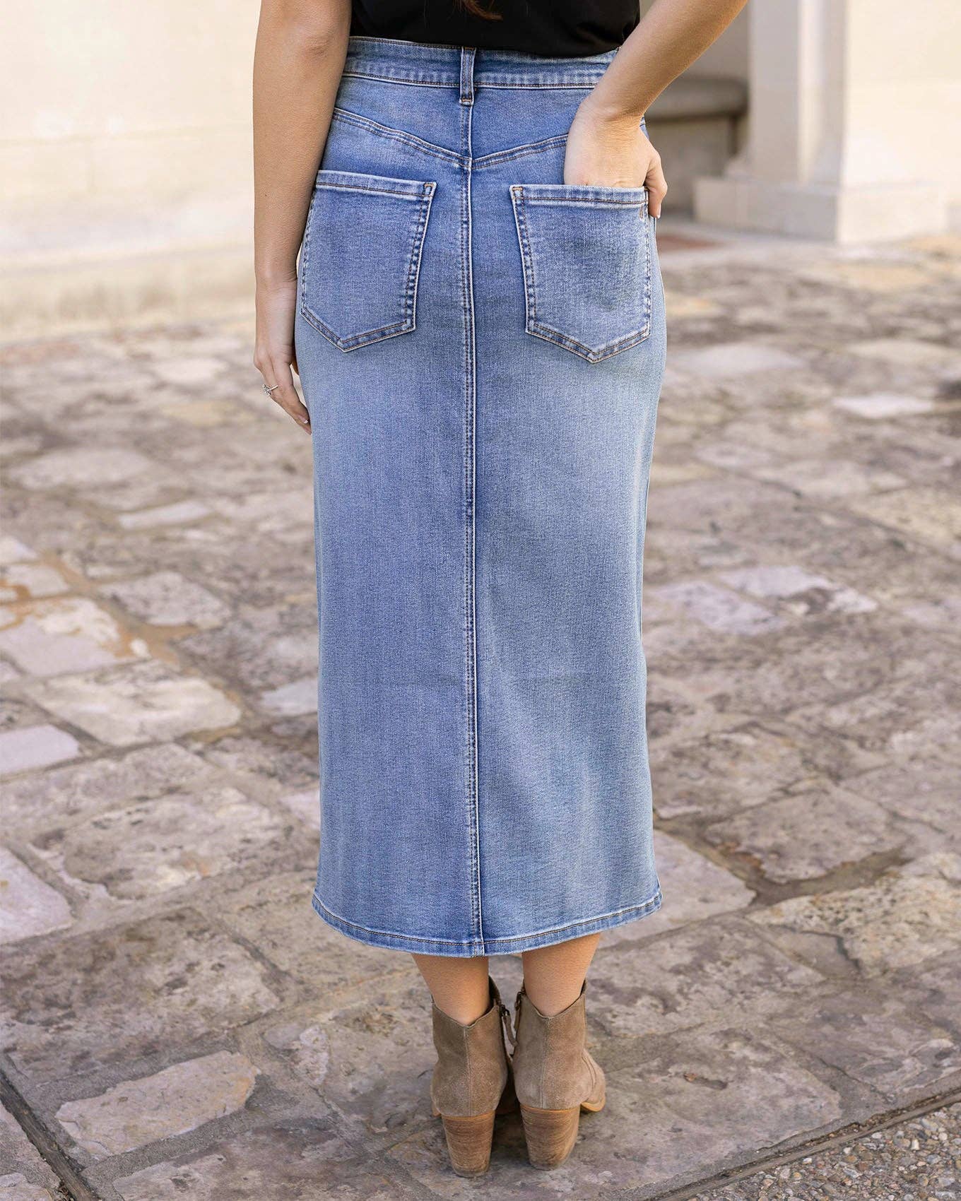 Mid-Wash Denim Midi Skirt Spring-Summer Grace and Lace