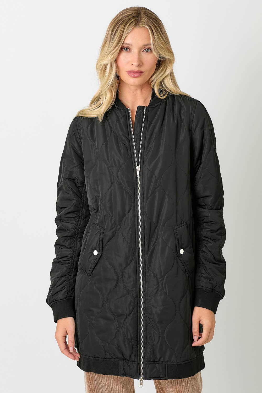 Mystree - 60268 Quilted Long Bomber Jacket Mystree