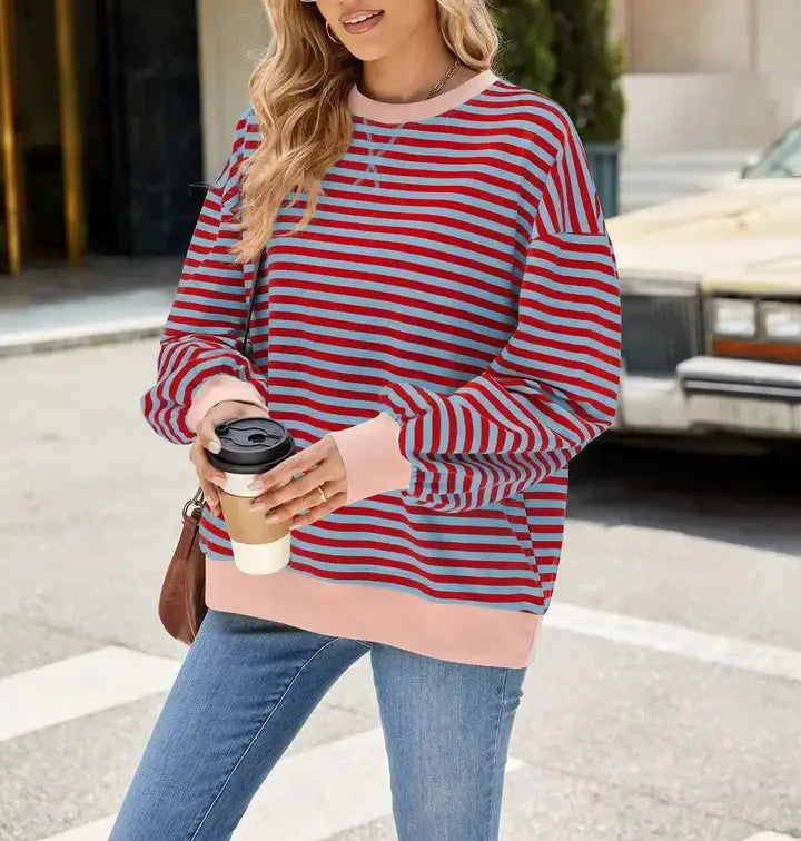 Striped Crew Neck Contrast Color Loose Long Sleeve Sweater