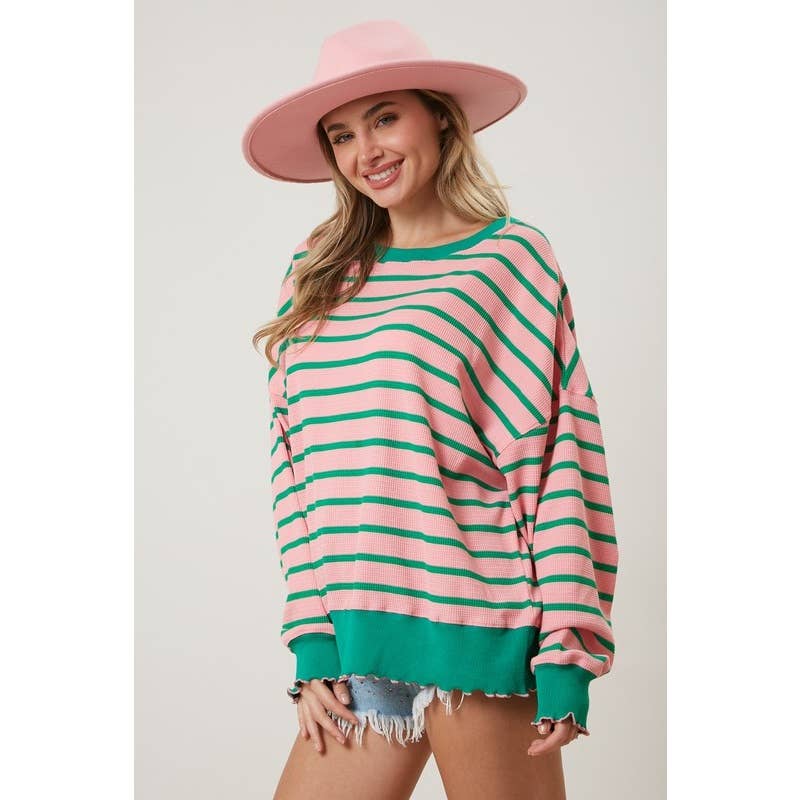 Oversized Pink and Green  Stripe Knit Top Spring-Summer STYLE USA