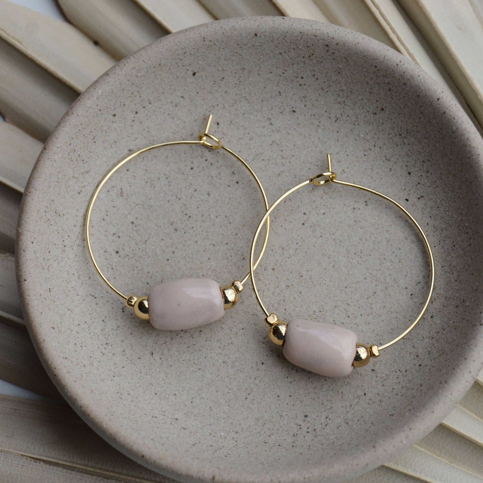 Blush Cylinder Clay Beaded Gold Hoop Earrings by Bel Koz Hati Jewelery Core Bel Koz Haiti