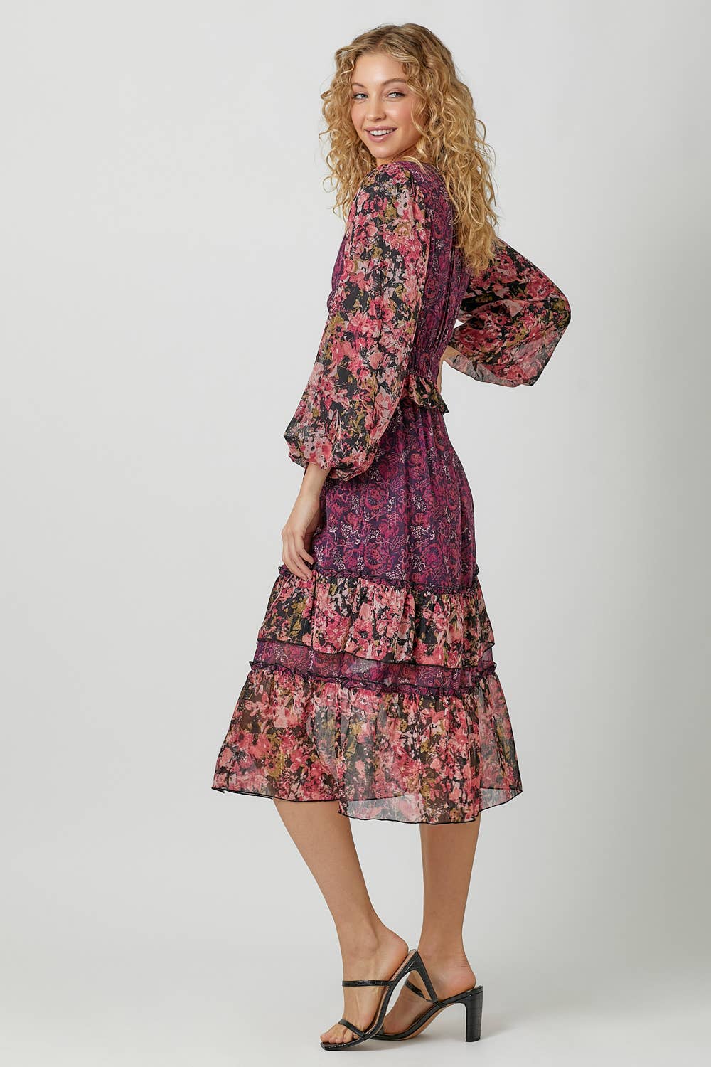 Burgundy Print Mix Floral Midi Dress Fall-Winter Mystree