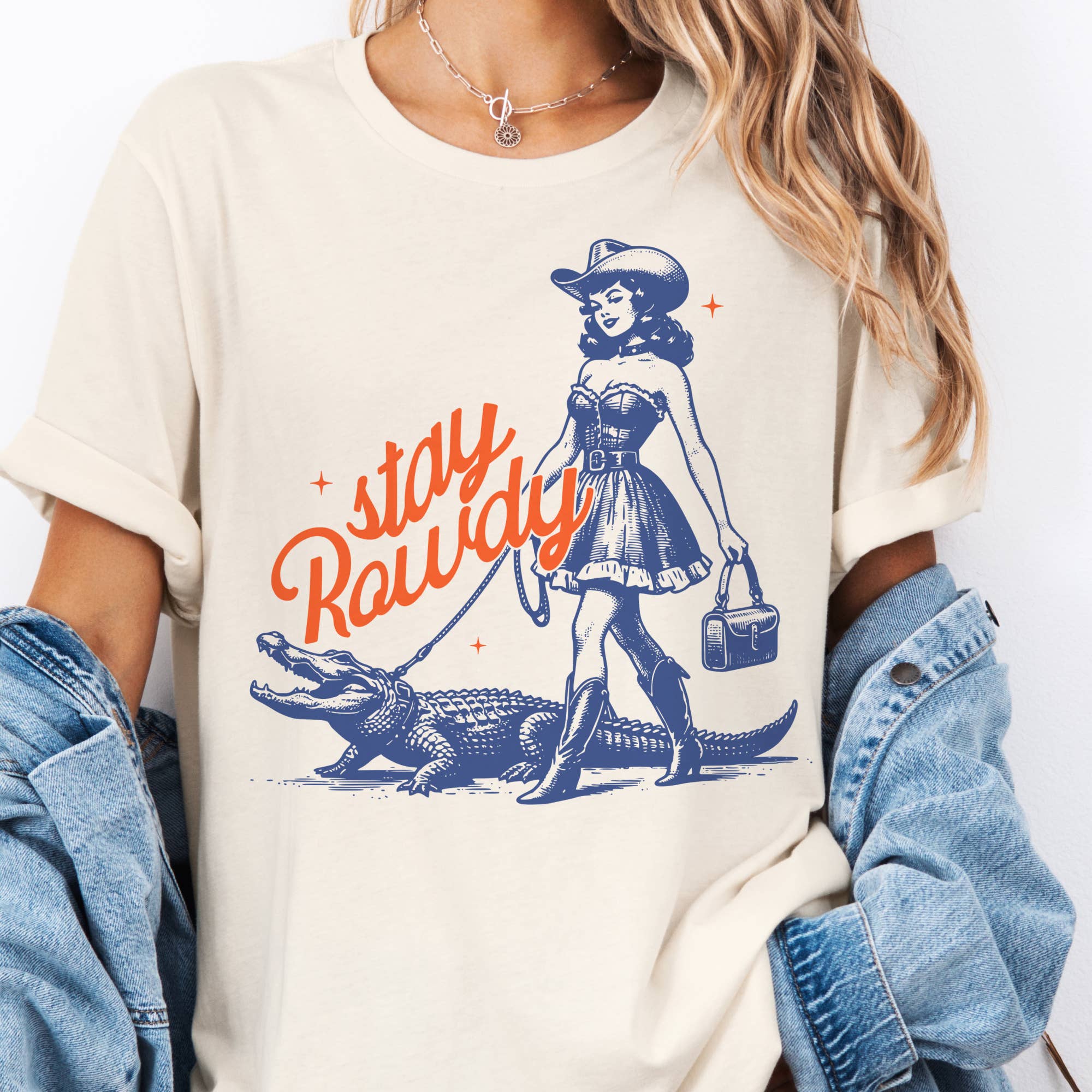 Sarcastic Graphic Tee | Stay Rowdy Retro Cowgirl Alligator Graphic Tee