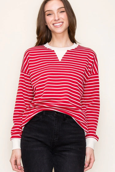 Red Color Contrasted Bands Texture Striped Long Sleeve Pullover Fall-Winter Staccato