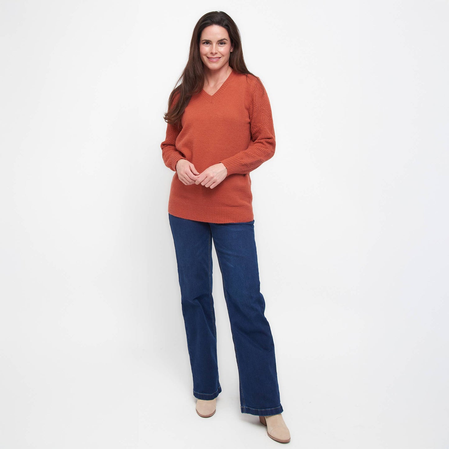 Elsie & Zoey - Emery Diamond Crochet Sleeve V-Neck Sweater