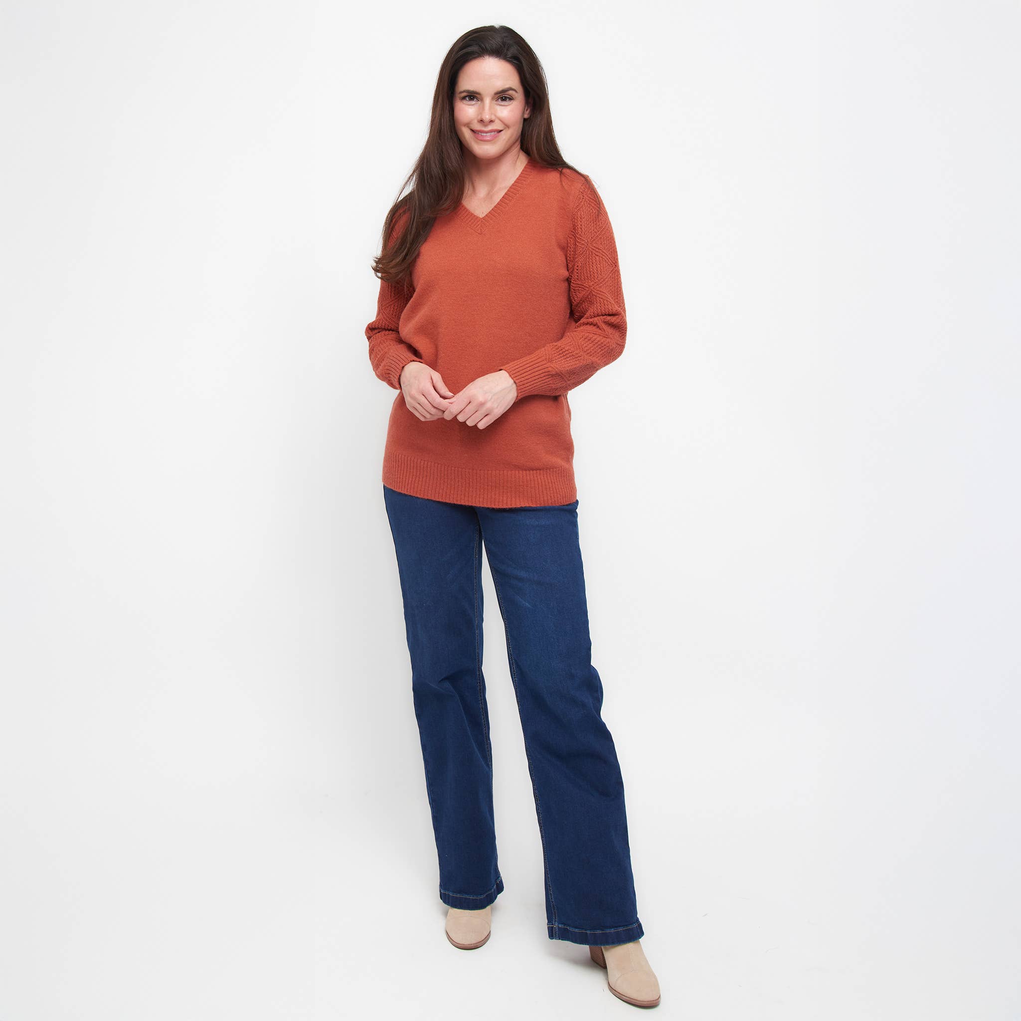 V-Neck Sweater - Emery Diamond Crochet Sleeve | Stylish Knit Sweater