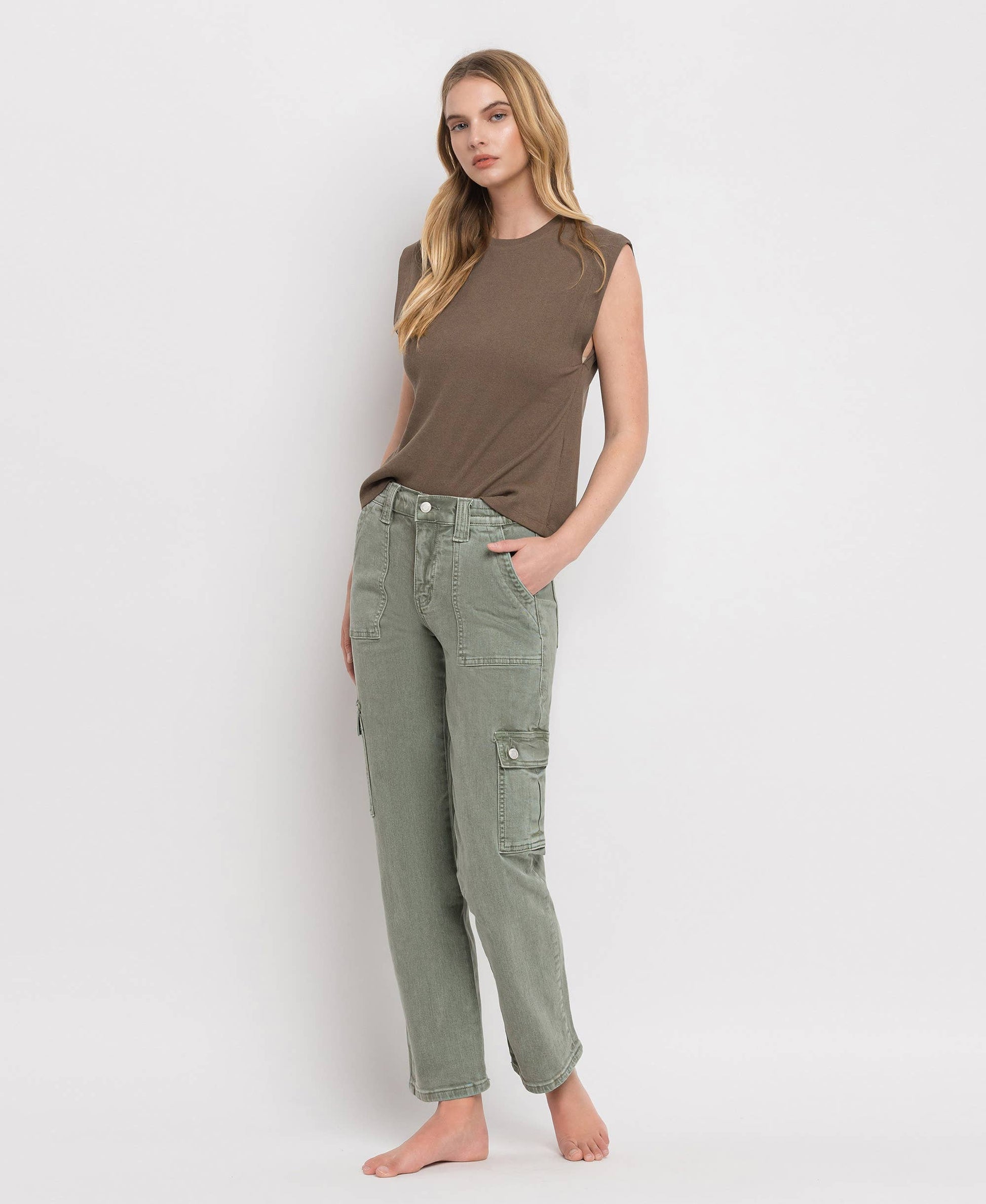 HIGH RISE CARGO PATCH POCKET STRAIGHT JEANS Spring-Summer VERVET by FLYING MONKEY
