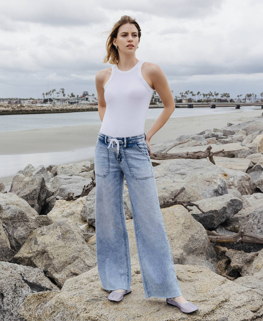 FLYING MONKEY - HIGH RISE DRAWSTRING WAISTBAND WIDE LEG JEANS F6065 FLYING MONKEY
