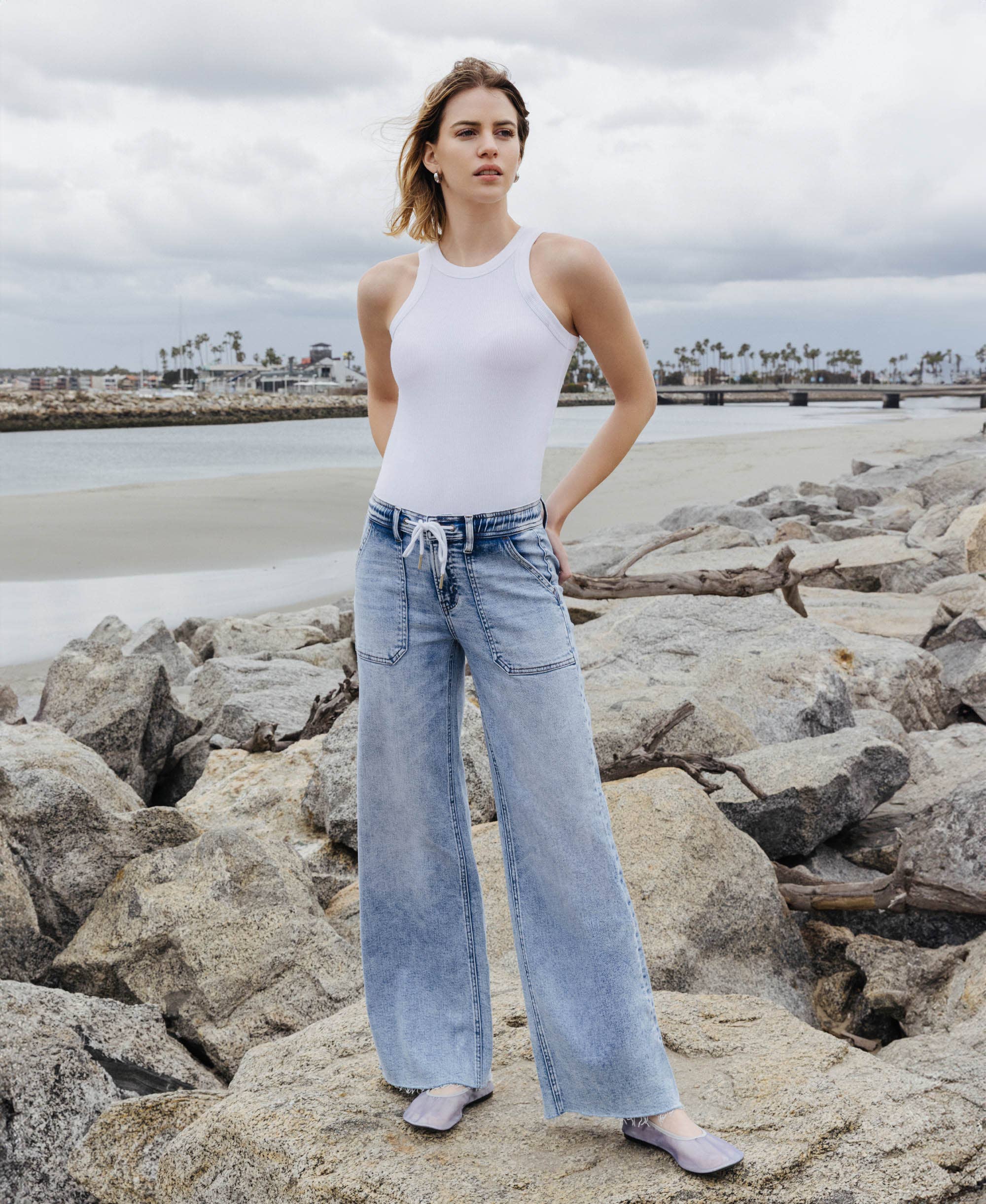 FLYING MONKEY - HIGH RISE DRAWSTRING WAISTBAND WIDE LEG JEANS F6065 FLYING MONKEY