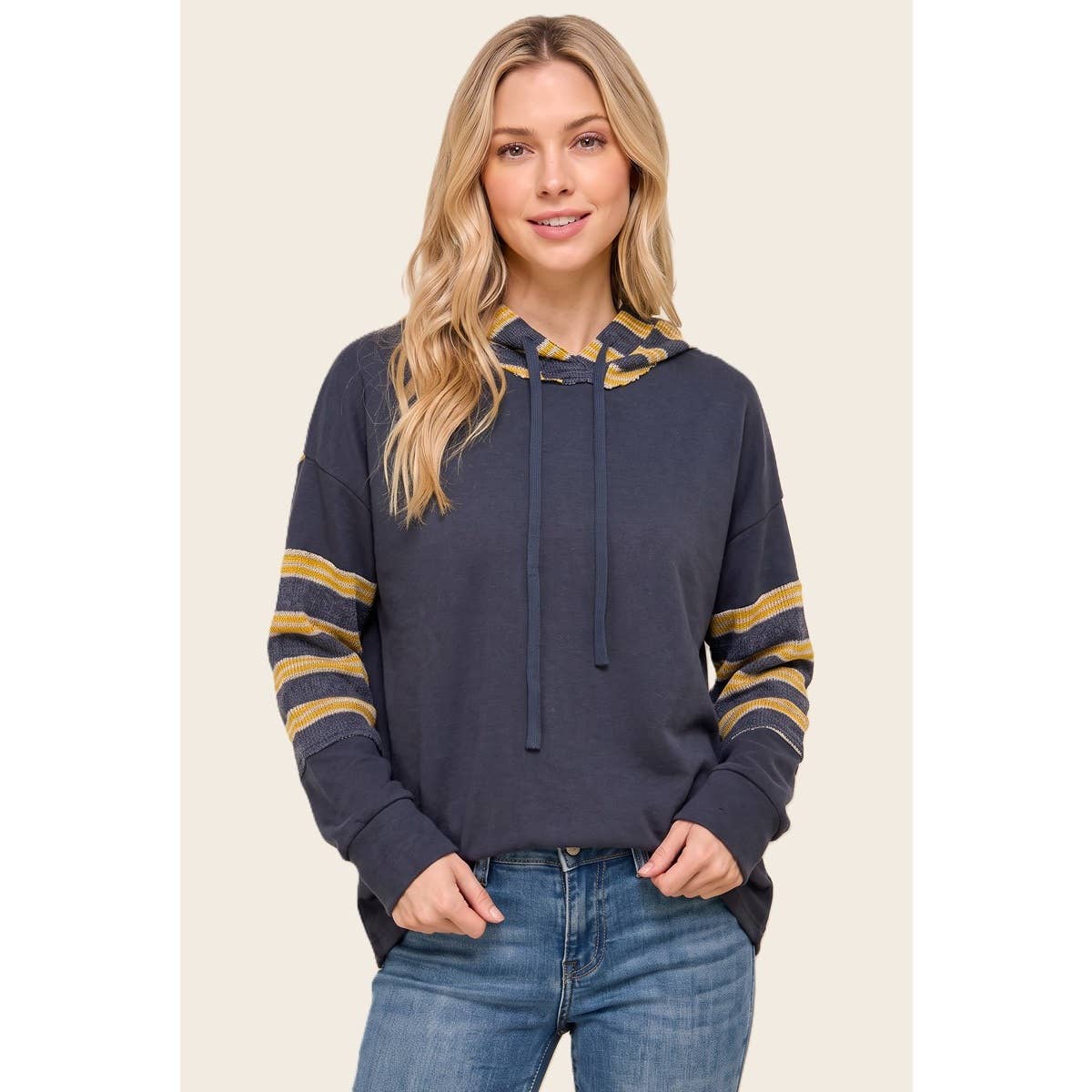 STRIPE MIXED DRAWSTRING HOODIE