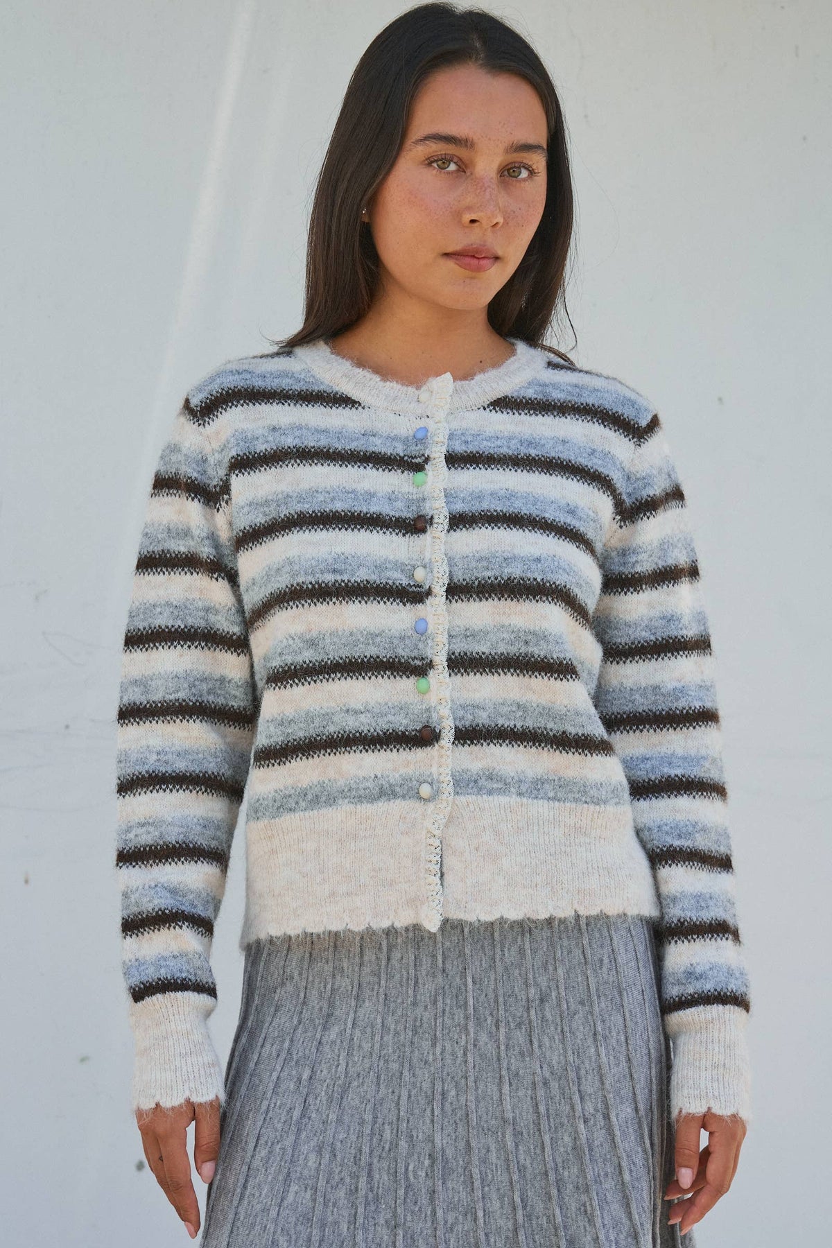 Vintage Stripe Scallop Trim Cardigan