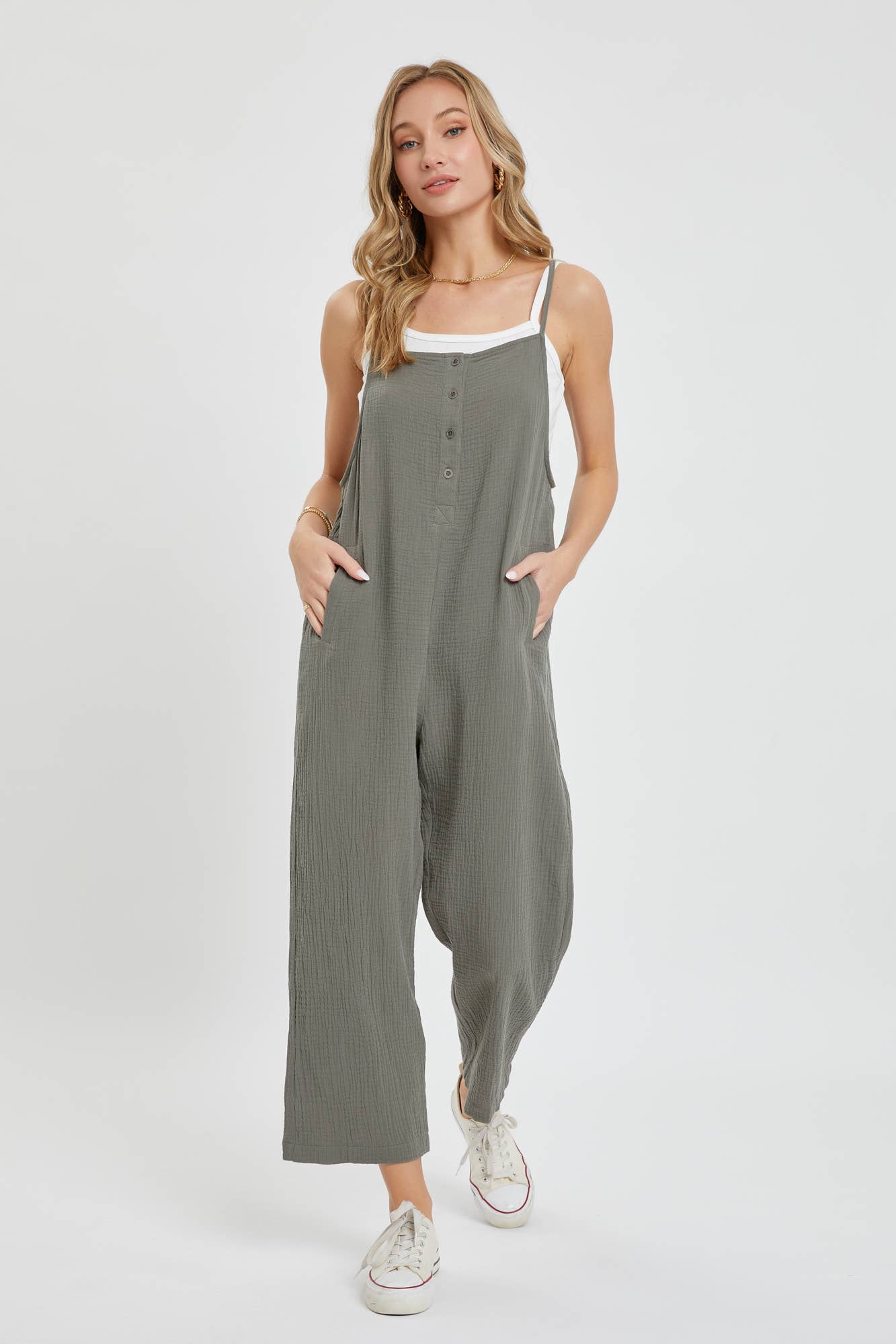 COTTON GAUZE SLEEVELESS JUMPSUIT IN OLIVE Spring-Summer Sweet Lovely by Jen