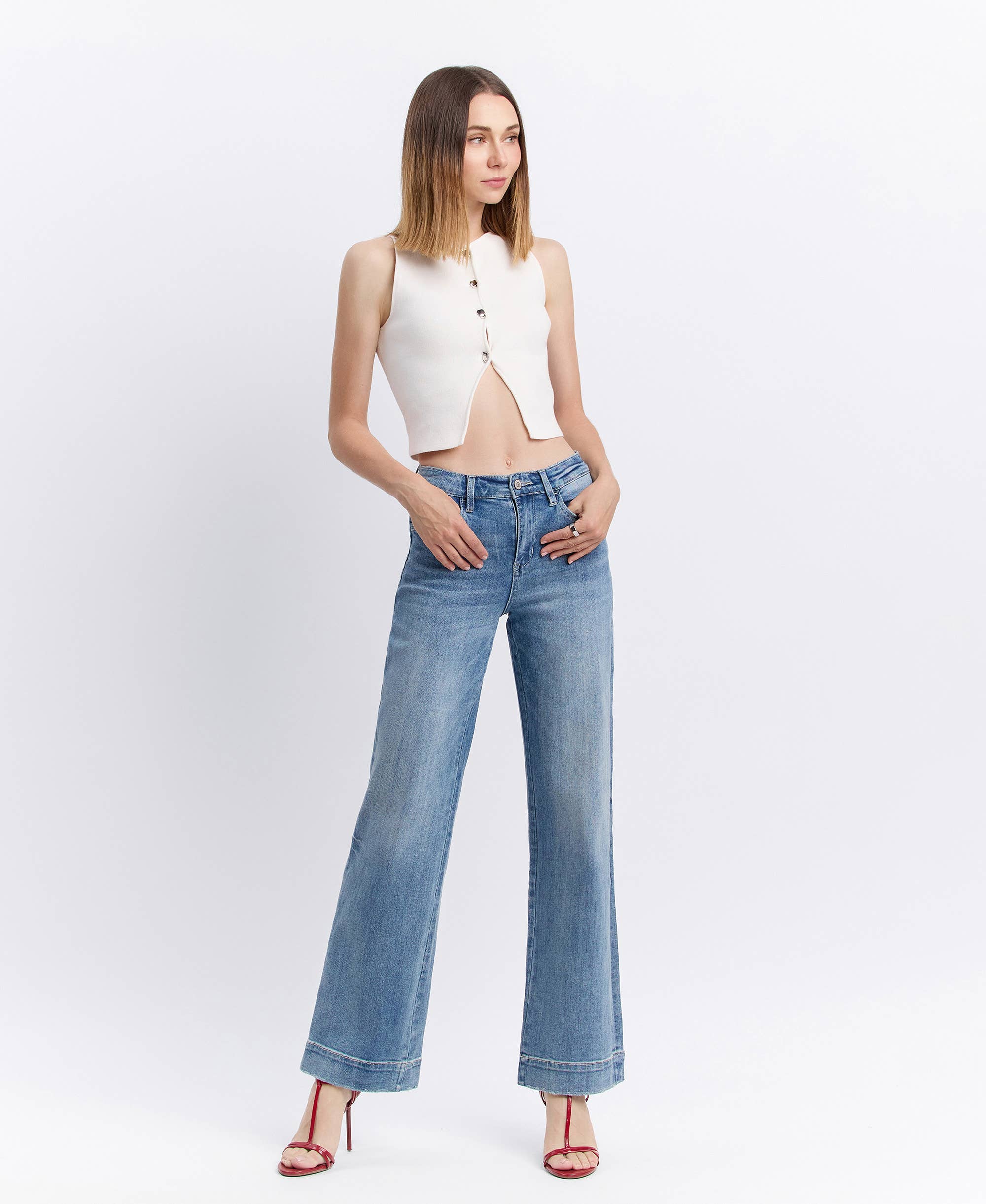 Wide Leg Jeans – High Rise Trouser Hem Full Length Denim