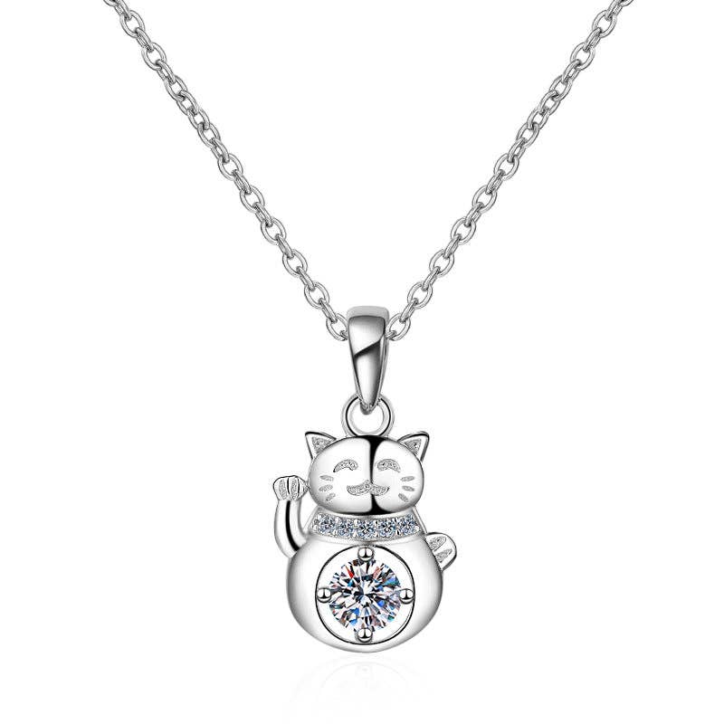 Moissanite Lucky Cat Wedding Necklace in 925 Sterling Silver Core Perimade & Co. LLC