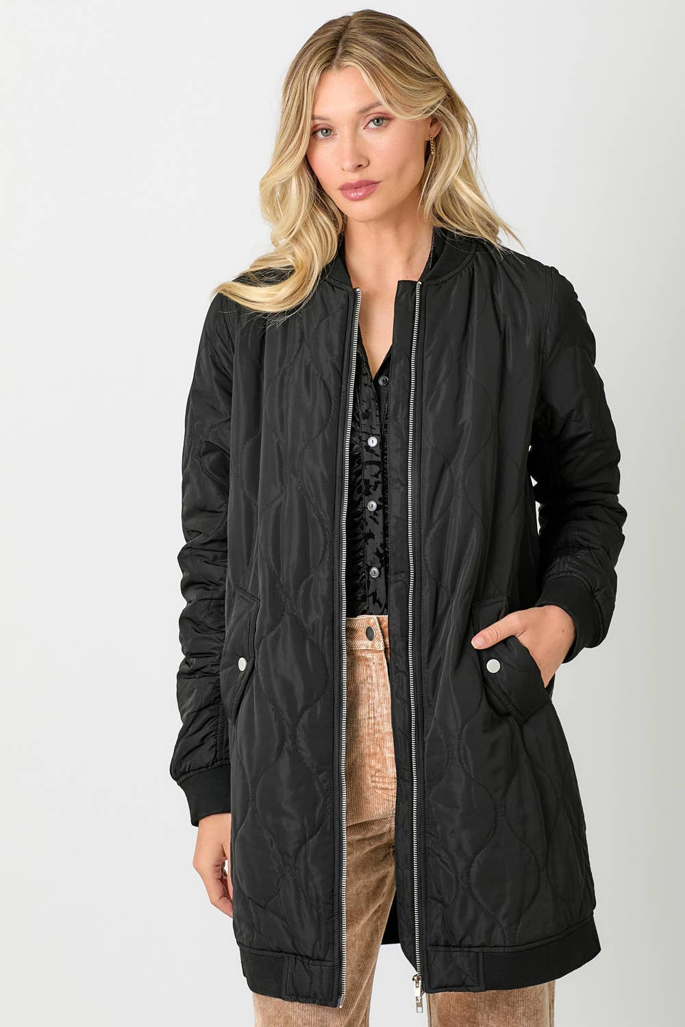 Mystree - 60268 Quilted Long Bomber Jacket Mystree