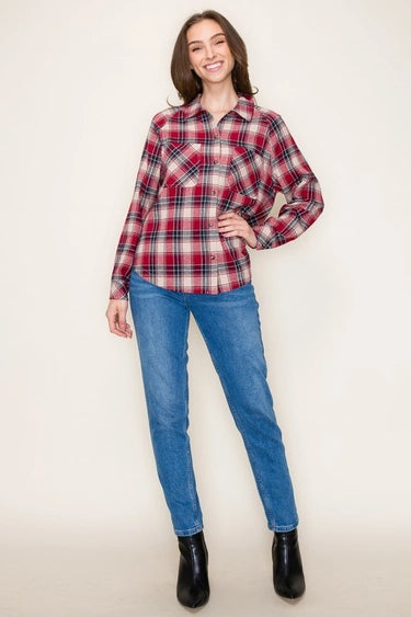 Scarlet Button Down Plaid Shirt with Double Chest Pockets Fall-Winter Staccato