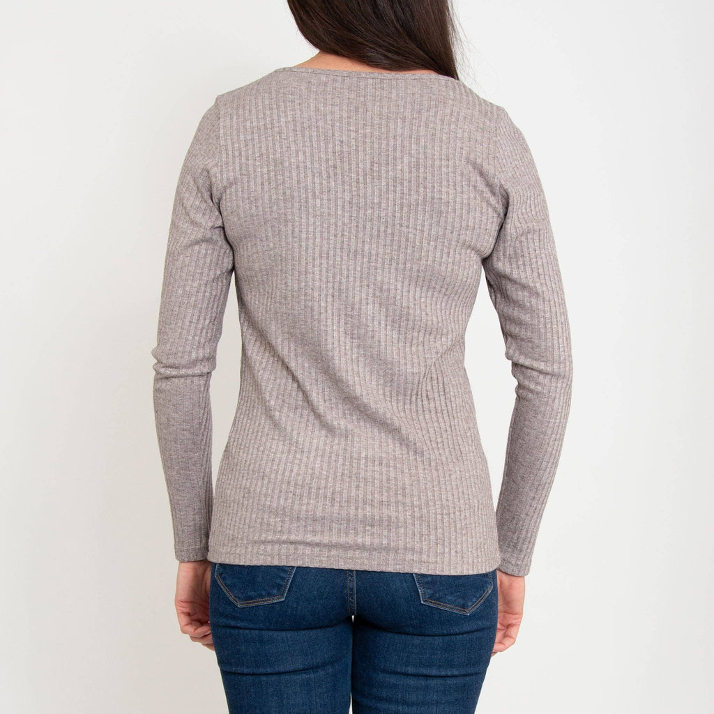 Ribbed Long Sleeve Top | Alba Oatmeal V-Neck Wardrobe Essential