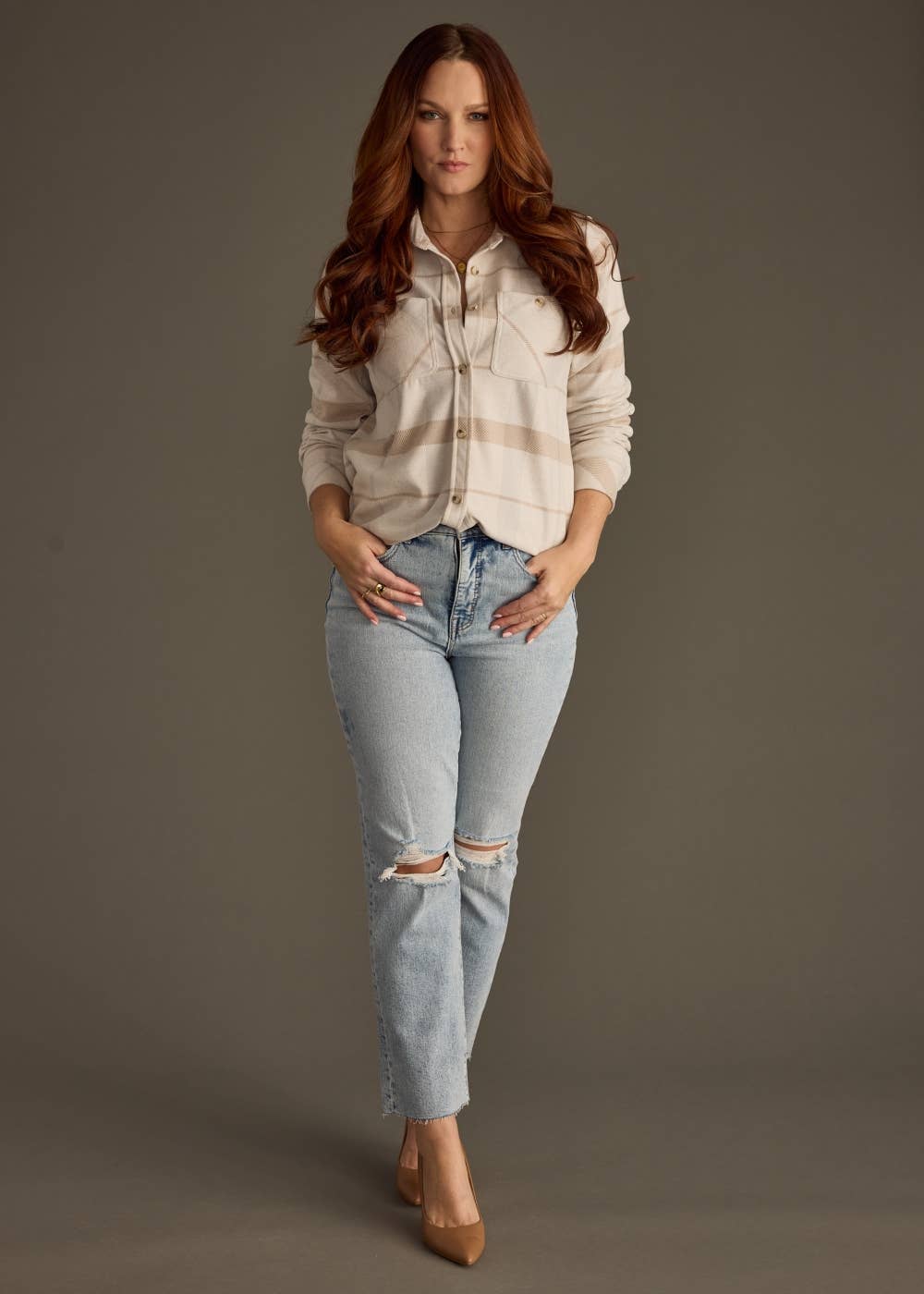 Plaid Shacket– Tan, Brown & Light Blue| Super Soft Plaid Button Up Top