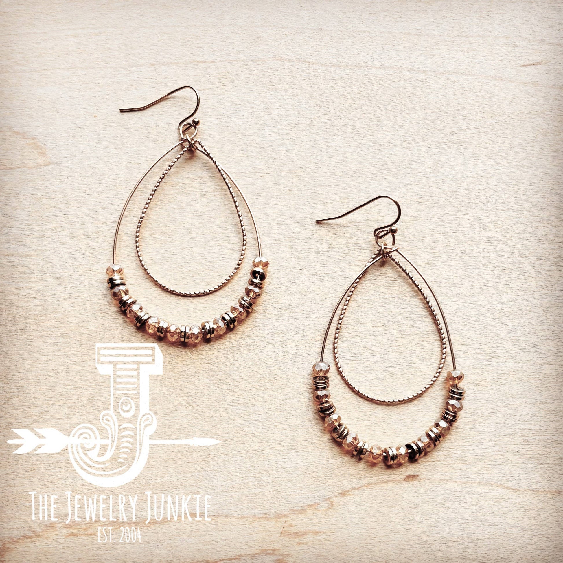 Double Beaded Teardrop Hoop Earrings in Faceted Gold Core The Jewelry Junkie