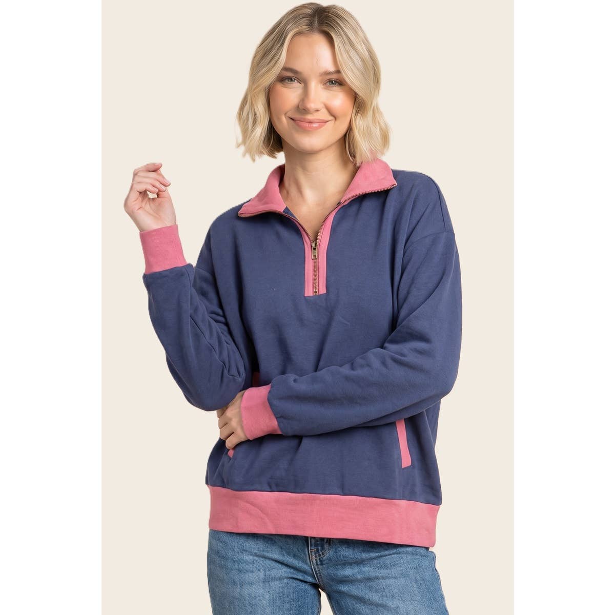 MOCK NECK HALF ZIP COLOR BLOCKED SWEATSHIRT